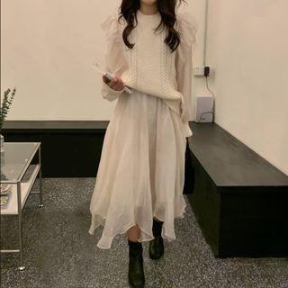 Ruffled Mesh Panel Cable Knit Sweater / Midi A-line Skirt