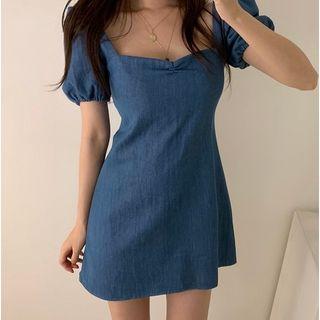 Short-sleeve Denim Cutout Tie-back Mini Dress