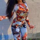 Long-sleeve Fire Print Jumpsuit