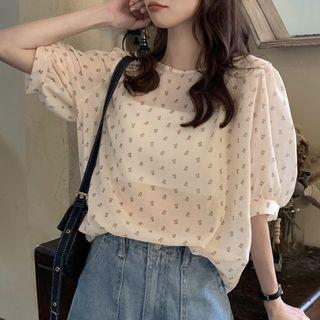 Short-sleeve Floral Chiffon Top Almond - One Size