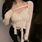 Long-sleeve Cold-shoulder Lace Top Almond - One Size