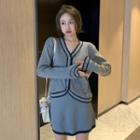 Contrast Trim Cardigan / Knit Skirt