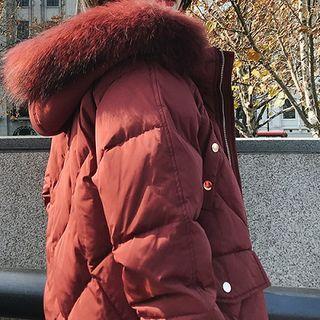 Plain Faux Fur Trim Hooded Coat
