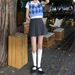 Plain Button-up Cropped Shirt / V-neck Two Tone Vest