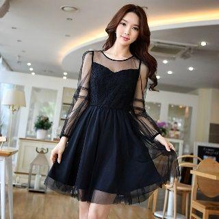 Lace Panel Tulle A-line Dress