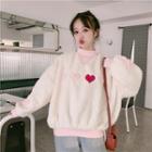 Mock-neck Heart Embroidery Fleece Sweatshirt Off-white - One Size