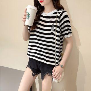 Short-sleeve Striped Pineapple Embroidered Knit Top