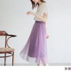 Elastic Waist Pleated Mesh A-line Skirt