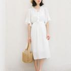 Elbow-sleeve Ruffled A-line Midi Dress White - One Size