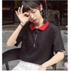 Hoop Detail Color Panel Short Sleeve Polo Shirt
