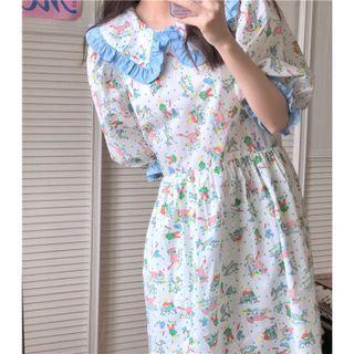 Puff-sleeve Ruffle Trim Print Midi A-line Dress