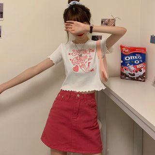 Short-sleeve Lettuce Edge Cartoon Print Cropped T-shirt / Plain Mini A-line Skirt