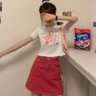Short-sleeve Lettuce Edge Cartoon Print Cropped T-shirt / Plain Mini A-line Skirt