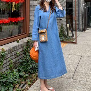 Long-sleeve Denim Midi Shift Dress