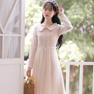 Collared Mesh Overlay Midi A-line Rib Knit Dress