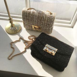 Snap-button Tweed Shoulder Bag