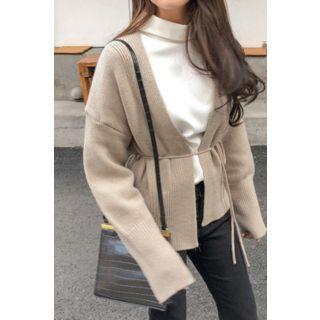 Wool Blend Knit Wrap Cardigan Beige - One Size