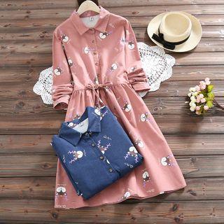 Long-sleeve Cartoon Print A-line Midi Dress