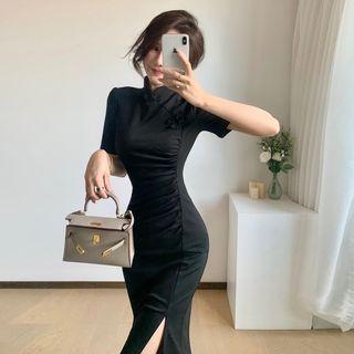 Short-sleeve Plain Slit Midi Qipao