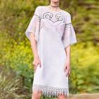 Embroidered Fringe Hem Elbow Sleeve Dress
