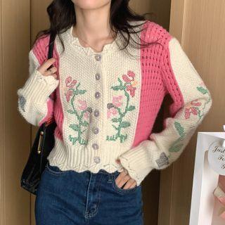 Two-tone Floral Cropped Cardigan Almond - One Size