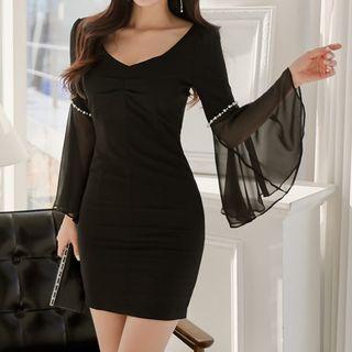 Faux Pearl Flared-sleeve Mini Sheath Dress