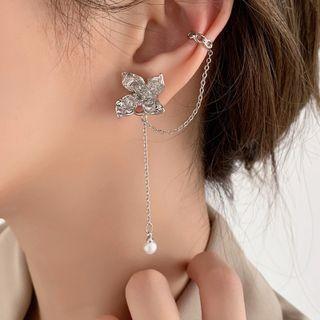 Flower Stud Earring With Ear Cuff 1 Pc - Clip On Earring - Silver - One Size