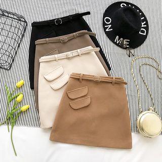 Plain High-waist Skirt With Belt