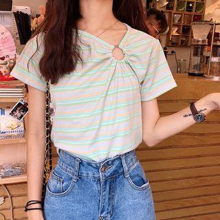 Short-sleeve Striped Asymmetric Perforated T-shirt