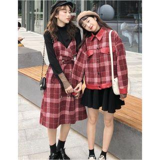 Mesh Panel Long-sleeve Top / Spaghetti Strap Midi Plaid Dress / Plaid Button Jacket