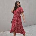 Plus Size Short-sleeve Floral Print Midi A-line Wrap Dress