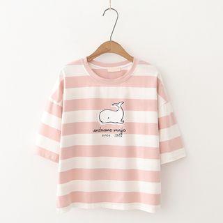Balloon Round Neck Striped T-shirt Pink - One Size