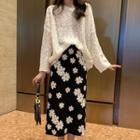 Long-sleeve Sheer Knit Top / Floral-pattern Midi Fitted Skirt