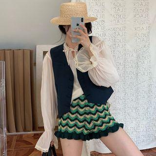 Tie-neckline Sheer Light Blouse / Dress Vest / High-waist Shorts