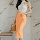 Set: Irregular Halter-neck Knit Top + High-waist Midi Straight-fit Skirt