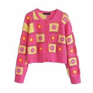 Flower Embroidered Crochet Knit Cardigan