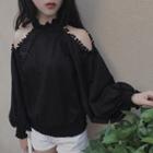 Pompom Cut Out Shoulder Long Sleeve Top