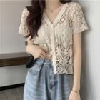 V Neck Cut Out Lace Short Sleeve Cardigan
