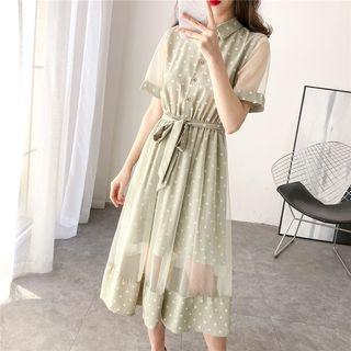 Mesh-panel Dotted Chiffon Shirtdress