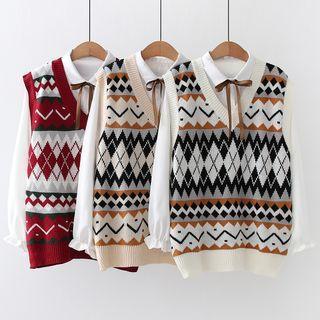 Patterned Sweater Vest / Long-sleeve Ribbon Accent Blouse