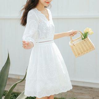 Scallop Trim Elbow Sleeve Dress