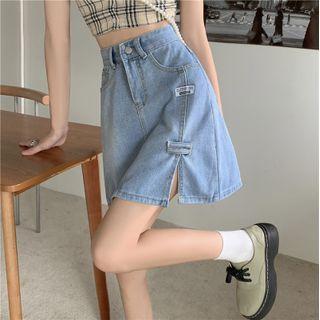 High-waist Split A-line Denim Mini Skirt