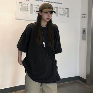 Elbow-sleeve Plain T-shirt Dark Gray - One Size