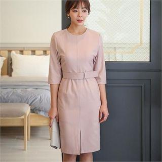 3/4-sleeve Slit-front Sheath Dress With Belt