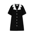 Short-sleeve Peter Pan Collar Color Block Dress Black - One Size
