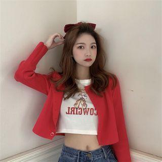 Short-sleeve Cartoon Print Cropped T-shirt / Plain Cardigan