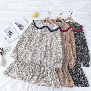 Color-block Peter-pan Collar Floral Printed Chiffon Dress
