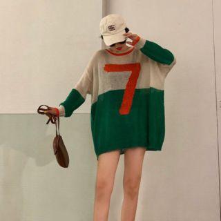 Long-sleeve Number 7 Knit Top Green - One Size