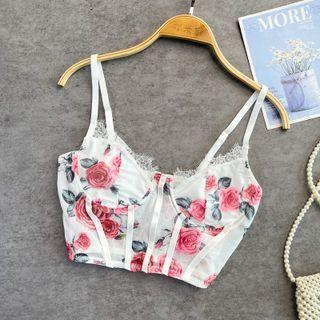 Rose Print Cropped Camisole Top White - One Size