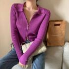 Ribbed Knit Zip Cardigan Purple - One Size